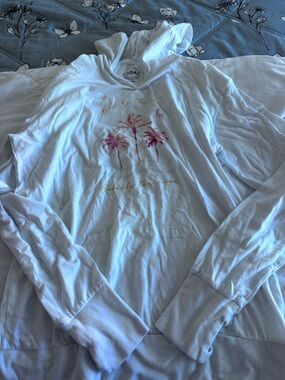 White Hoodie with Pink Palm Tree Graphic - Women's Pullover